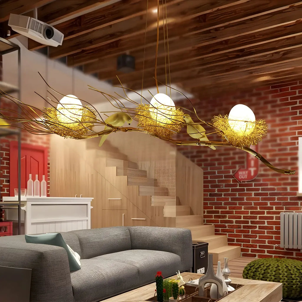 Suspension moderne en métal doré avec motif d'oiseau pour îlot de cuisine