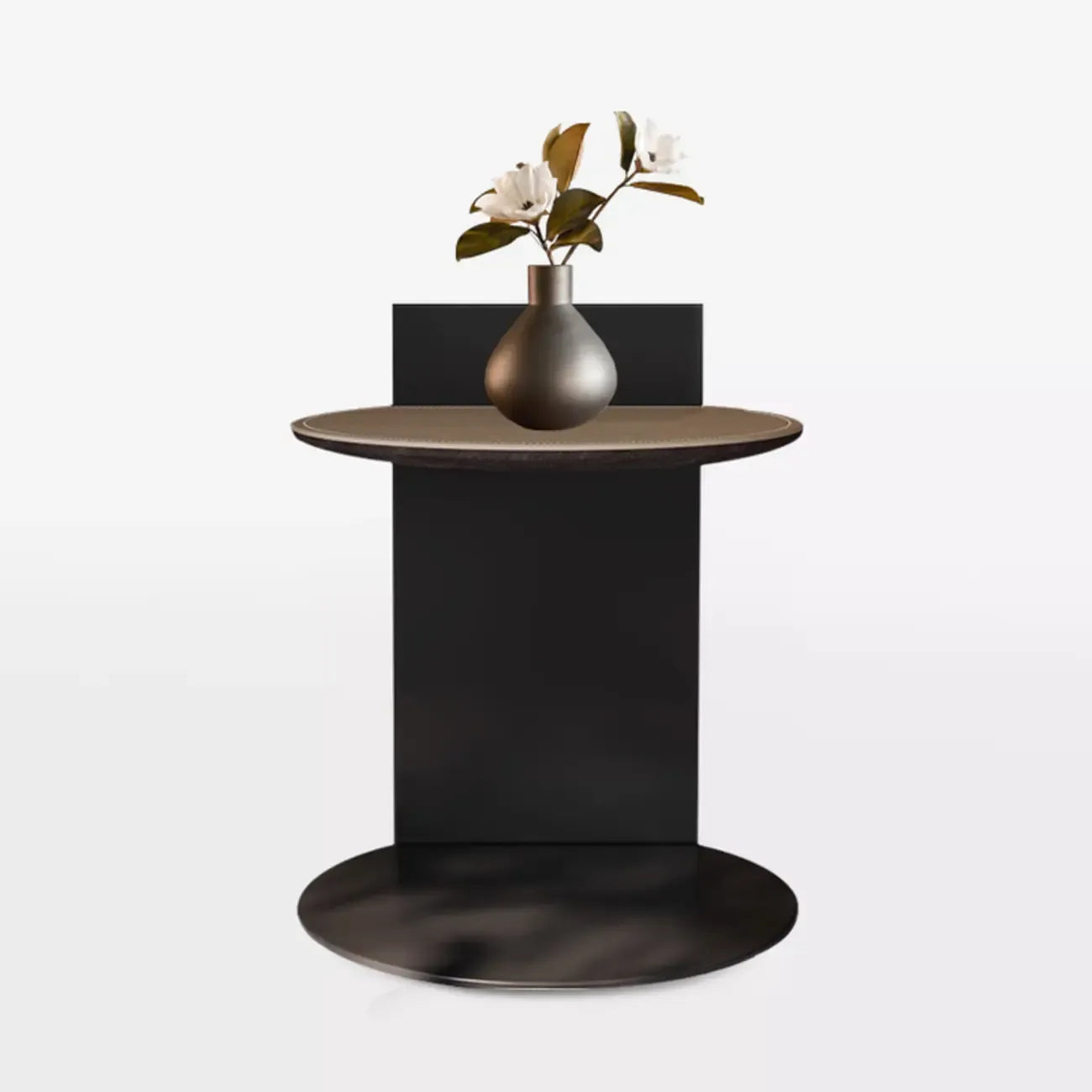 Table d'appoint contemporaine en forme de C avec plateau en cuir et piètement en métal
