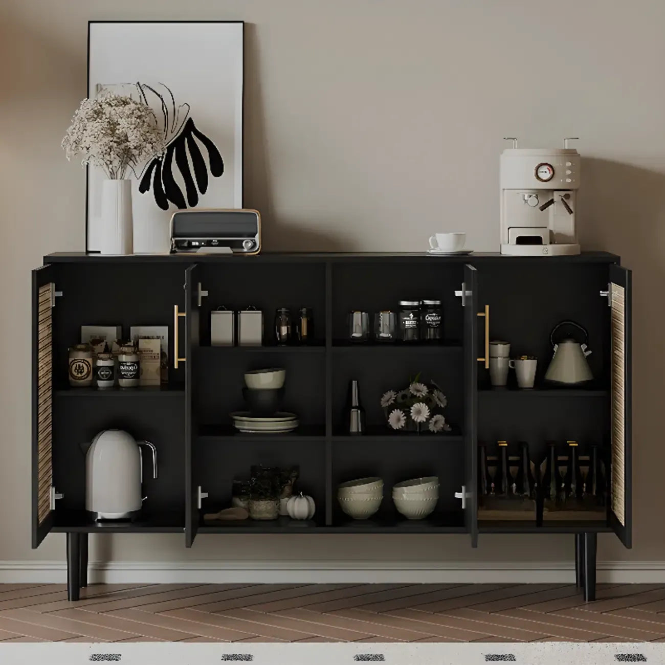 Buffet moderne en bois massif couleur encre avec étagères réglables