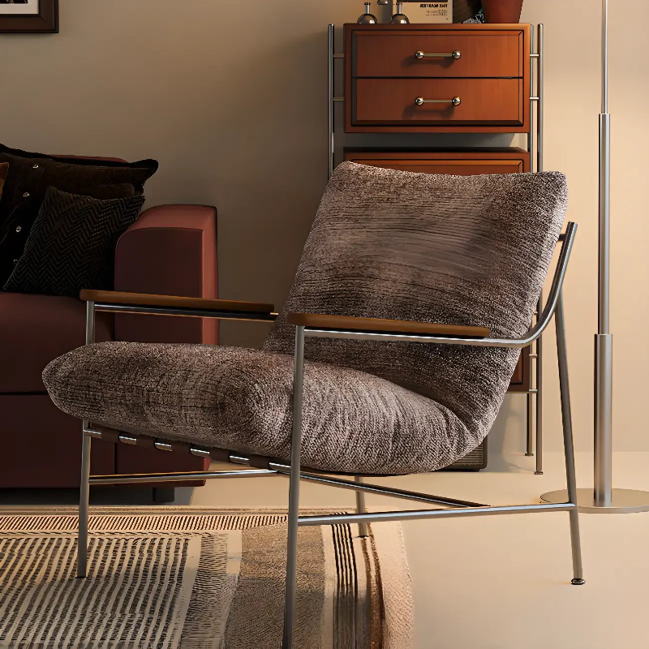 Fauteuil d'appoint moderne du milieu du siècle avec structure en métal et chenille