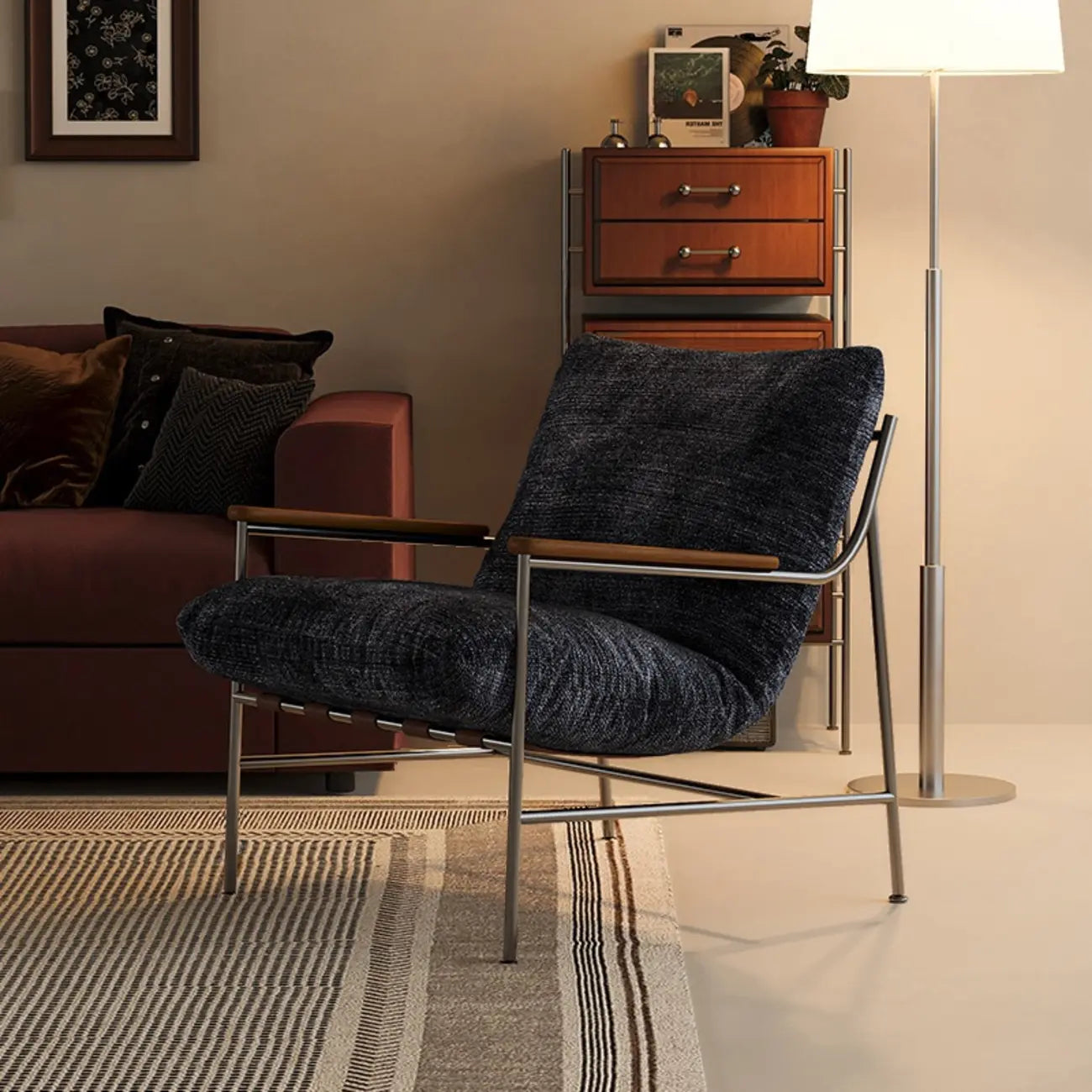 Fauteuil d'appoint moderne du milieu du siècle avec structure en métal et chenille
