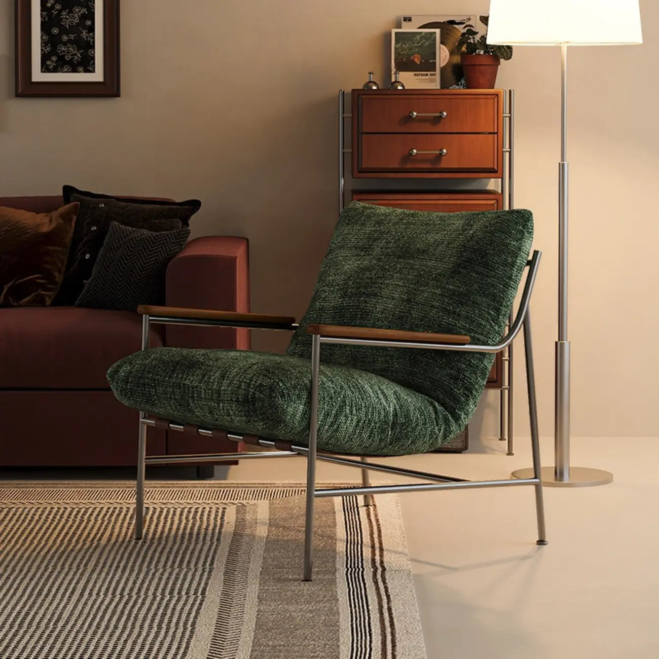 Fauteuil d'appoint moderne du milieu du siècle avec structure en métal et chenille