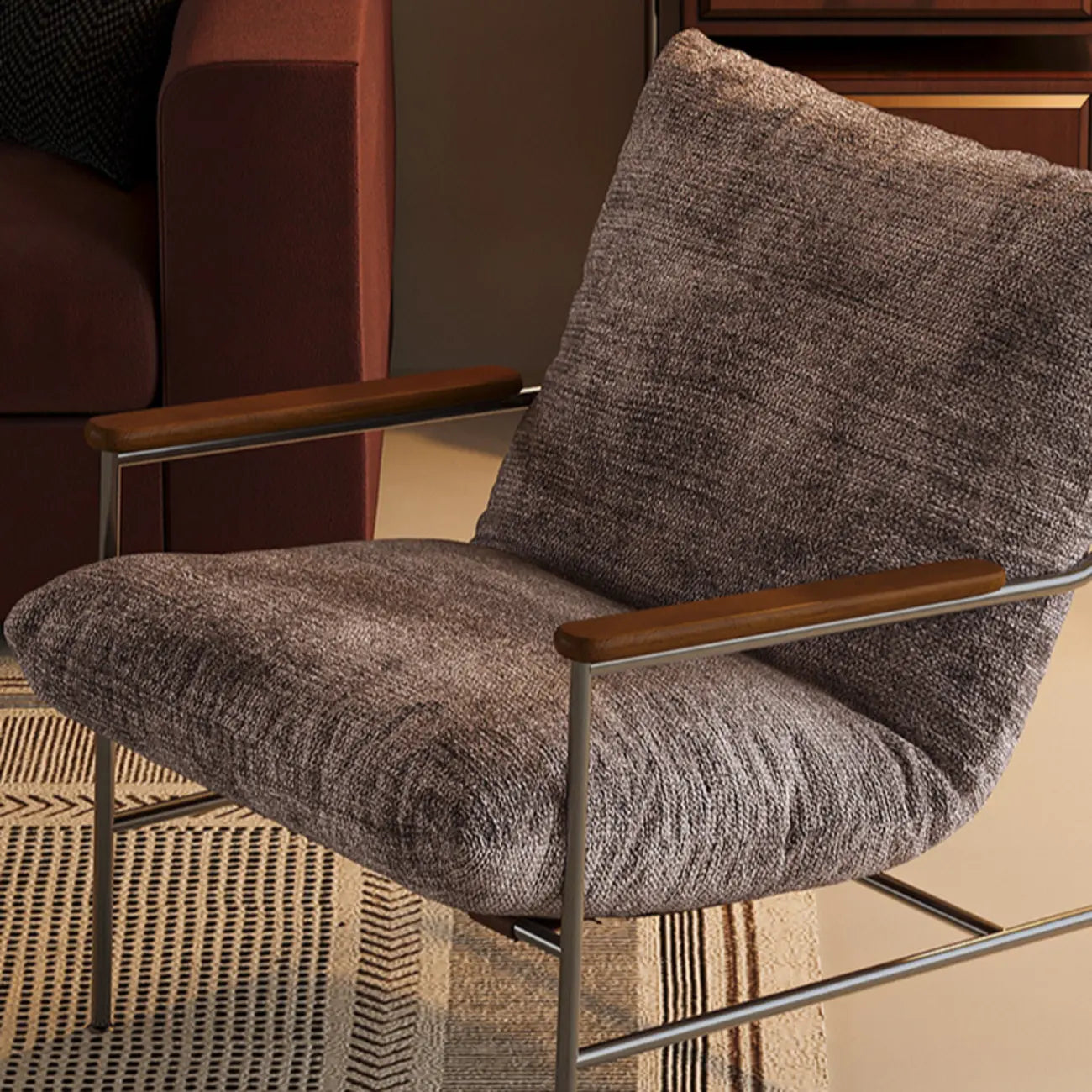 Fauteuil d'appoint moderne du milieu du siècle avec structure en métal et chenille
