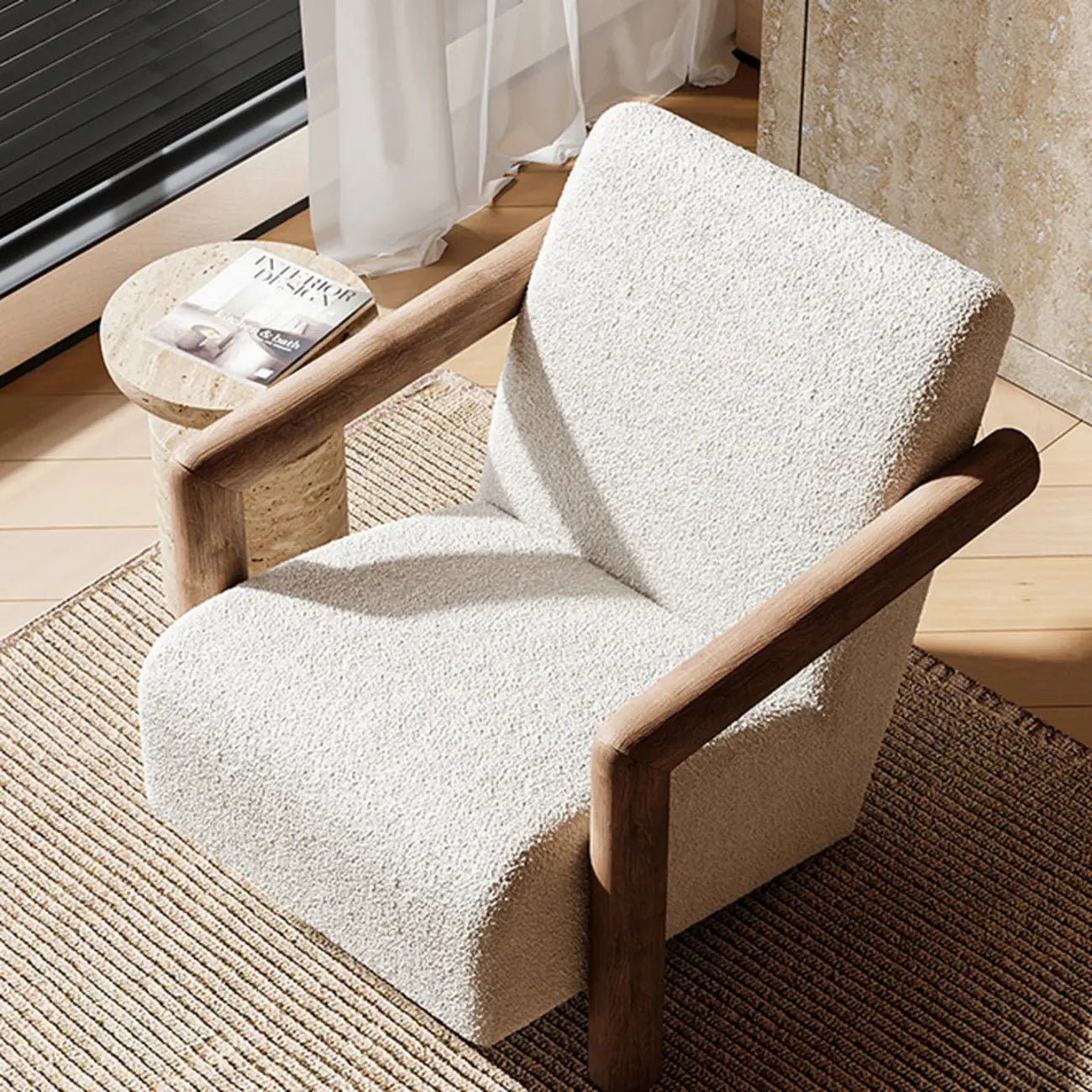 Fauteuil de salon minimaliste en tissu mohair blanc