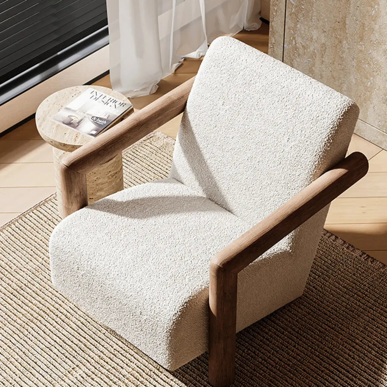 Fauteuil de salon minimaliste en tissu mohair blanc