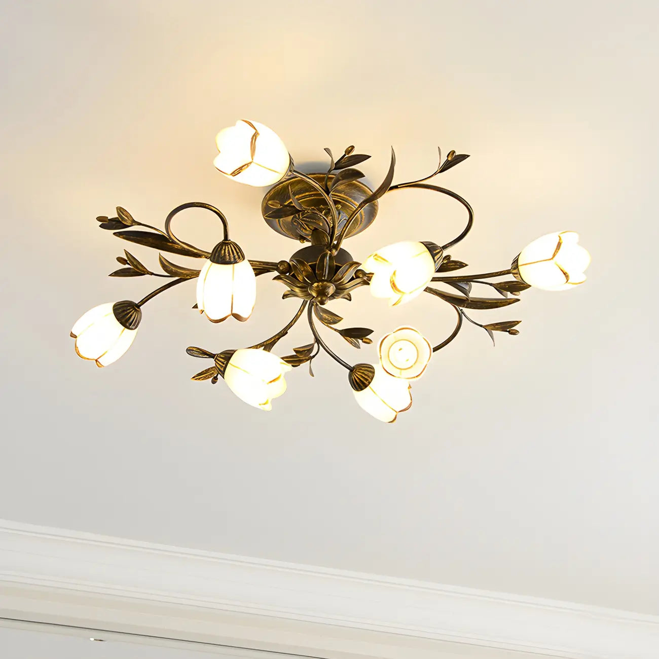 Plafoniera semi-incasso vintage floreale in ottone anticato
