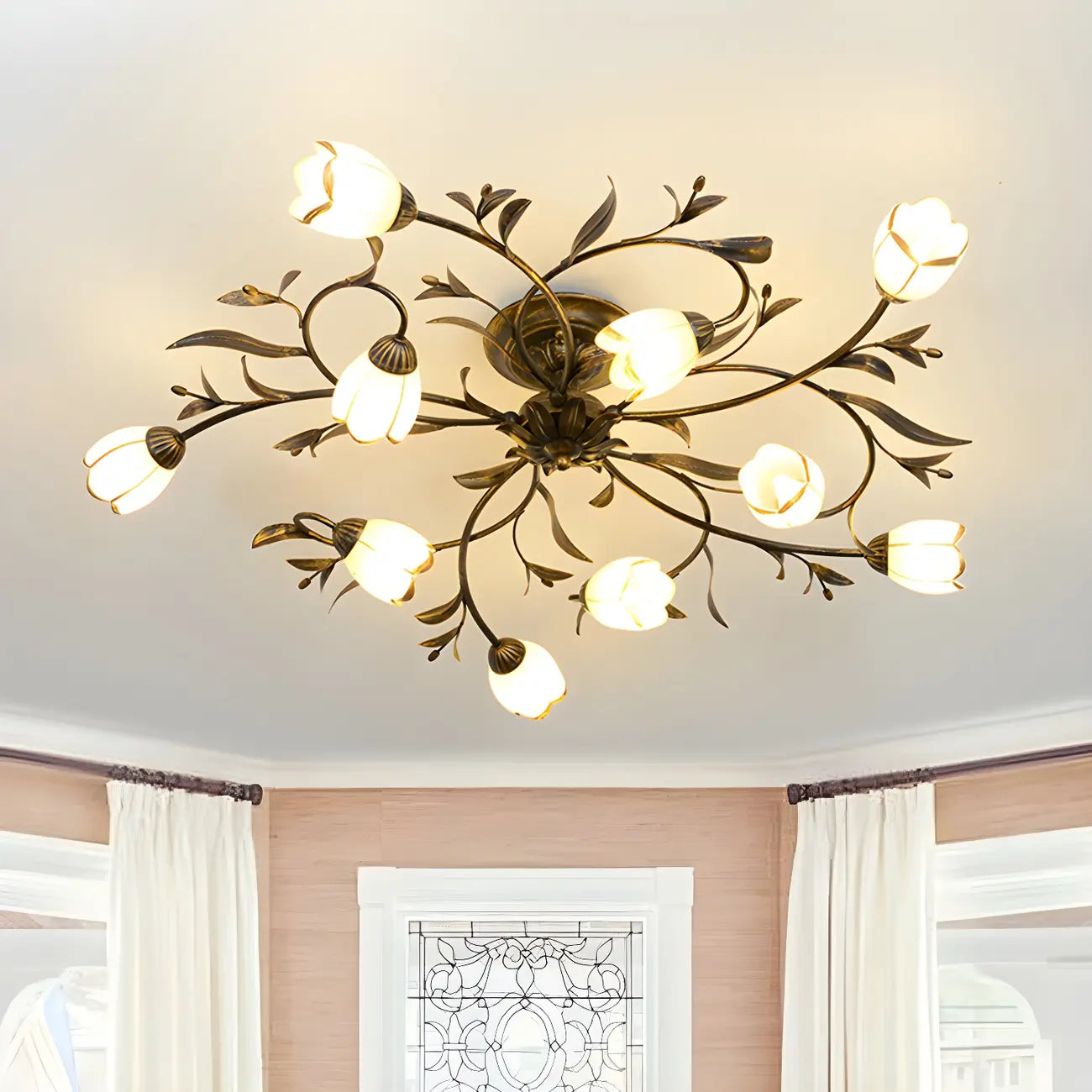 Plafoniera semi-incasso vintage floreale in ottone anticato