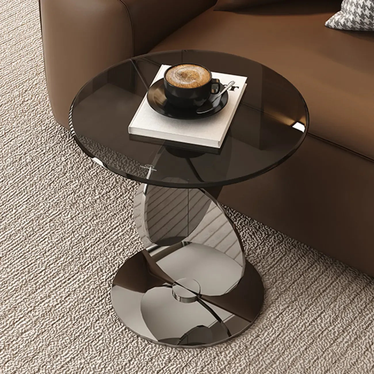 Table d'appoint moderne ronde avec plateau en verre et pied en acier inoxydable