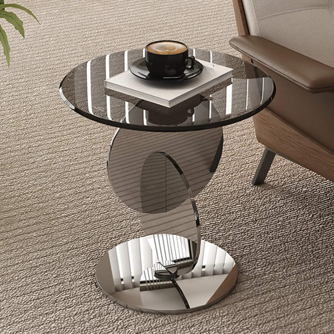 Table d'appoint moderne ronde avec plateau en verre et pied en acier inoxydable
