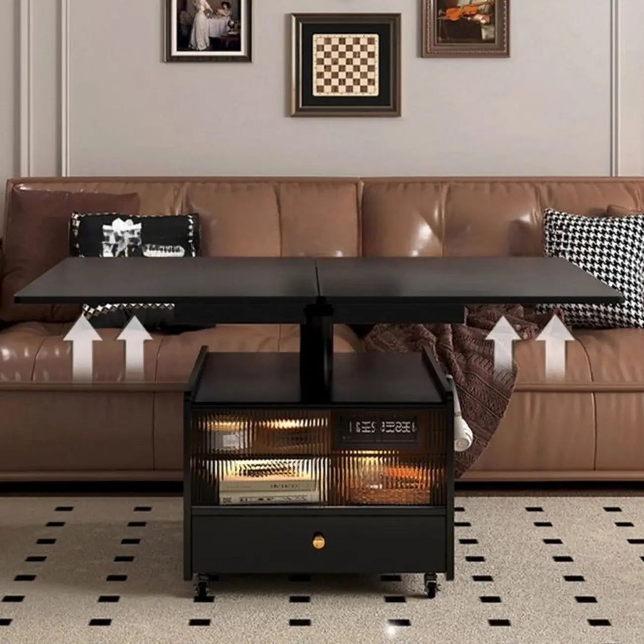 Tavolino da caffè rotante moderno regolabile in legno color noce