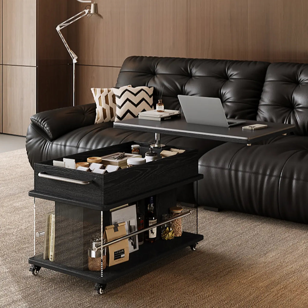 Table basse roulante noire avec plateau relevable et rangement pour salon