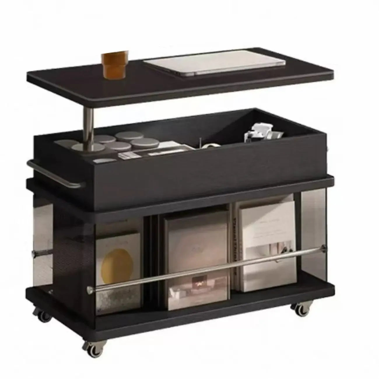 Table basse roulante noire avec plateau relevable et rangement pour salon