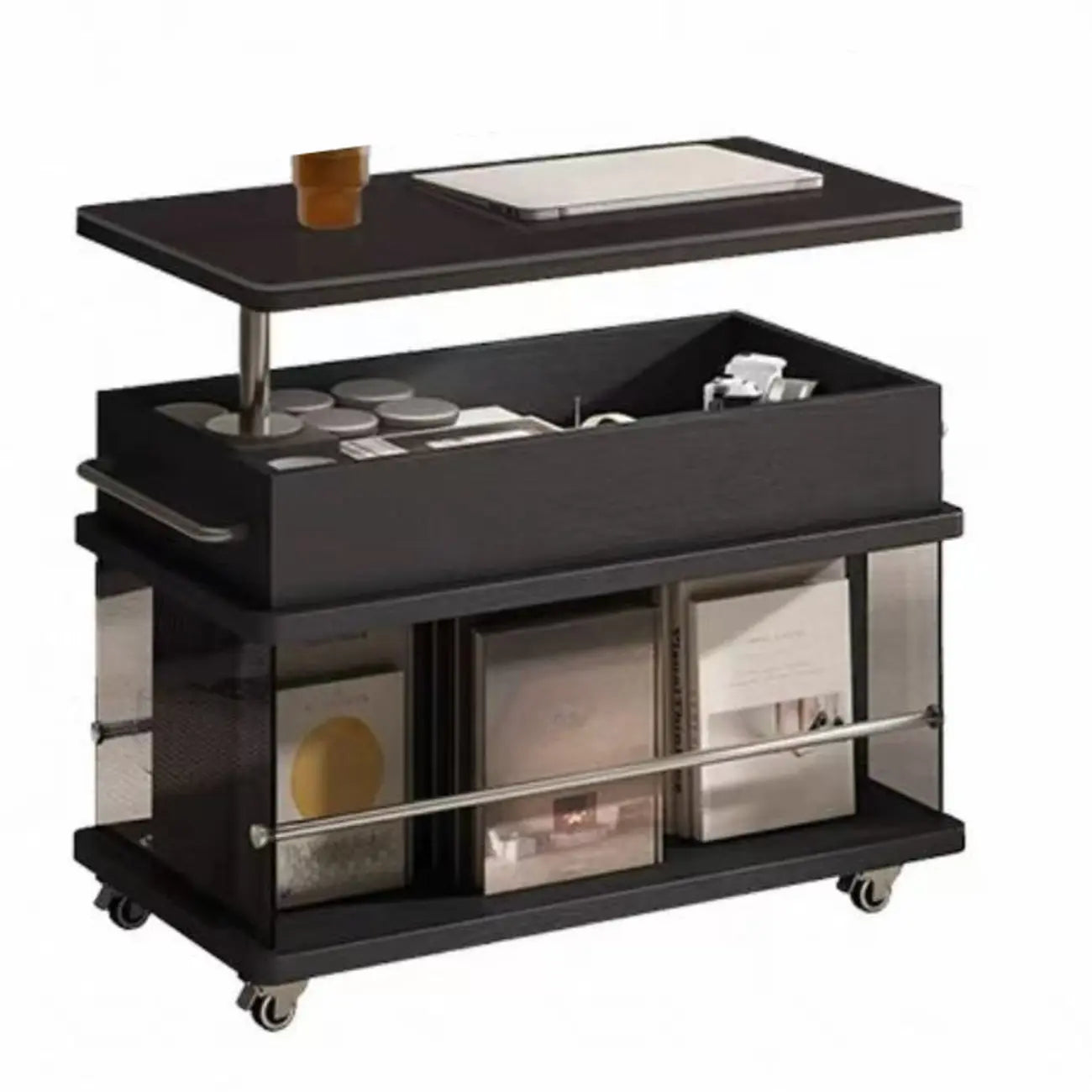 Table basse roulante noire avec plateau relevable et rangement pour salon