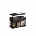Table basse roulante noire avec plateau relevable et rangement pour salon