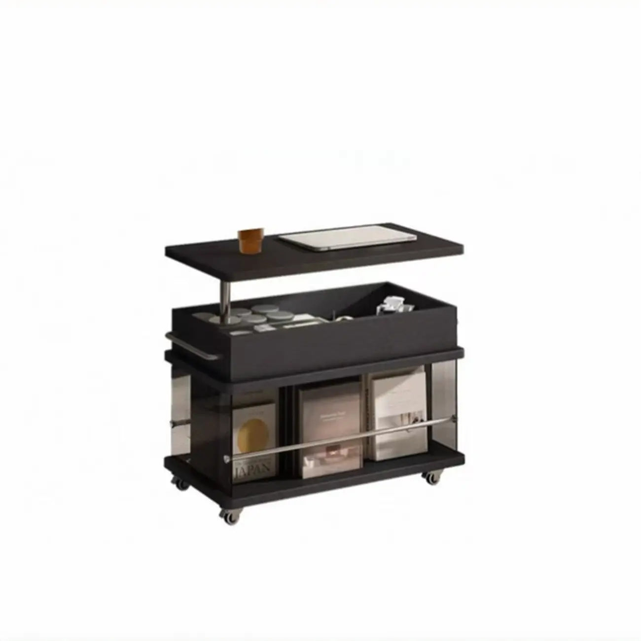 Table basse roulante noire avec plateau relevable et rangement pour salon
