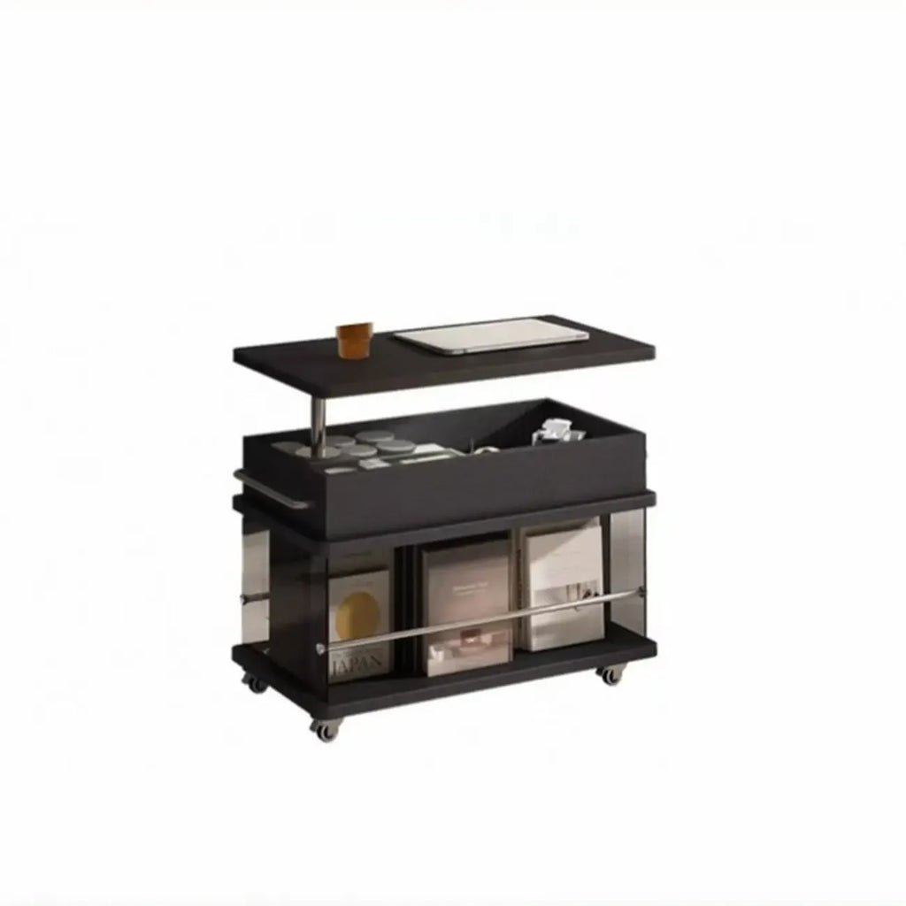 Table basse roulante noire avec plateau relevable et rangement pour salon