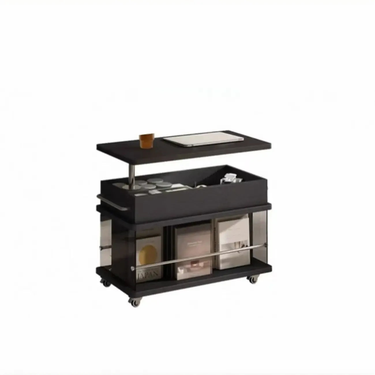 Table basse roulante noire avec plateau relevable et rangement pour salon