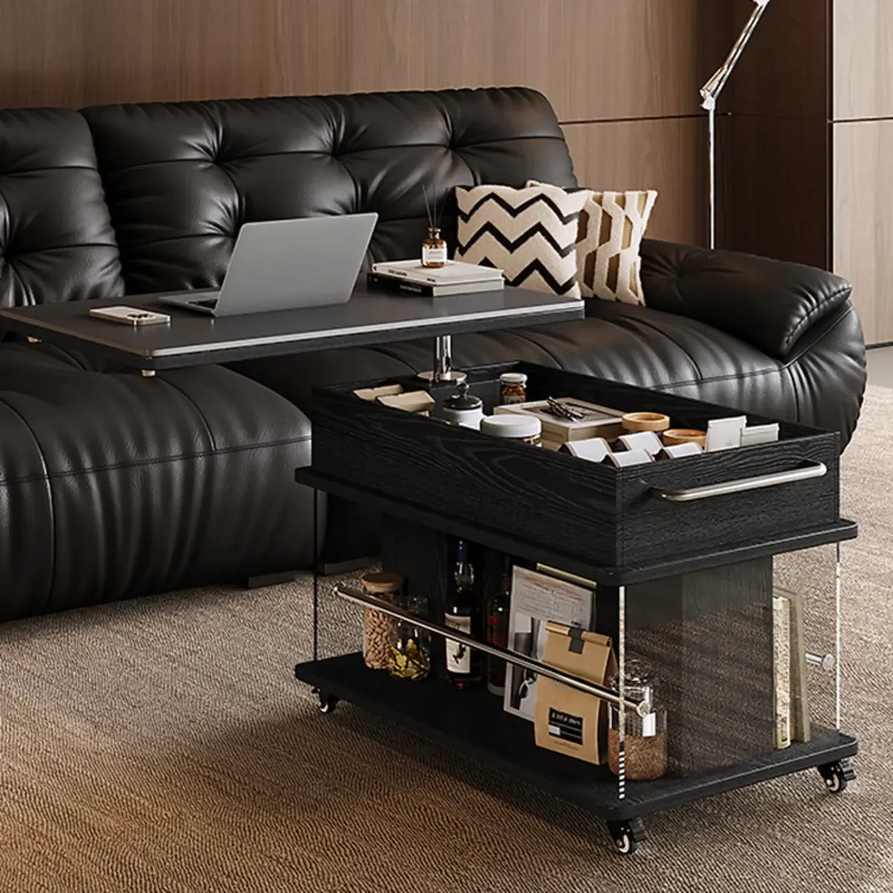 Table basse roulante noire avec plateau relevable et rangement pour salon