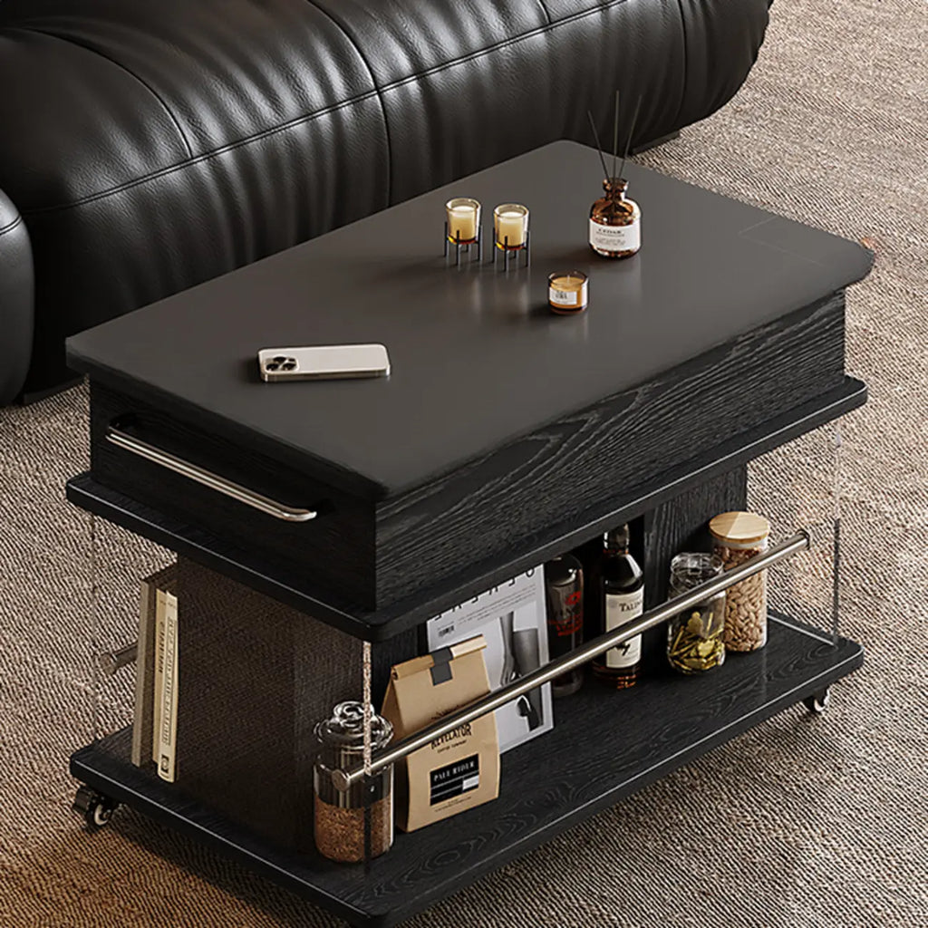 Table basse roulante noire avec plateau relevable et rangement pour salon