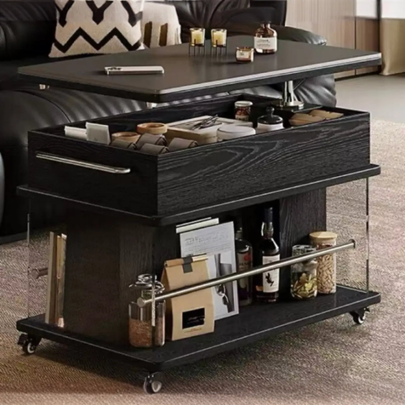 Table basse roulante noire avec plateau relevable et rangement pour salon