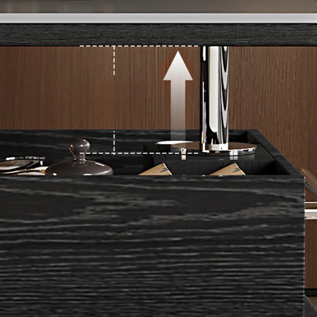 Table basse roulante noire avec plateau relevable et rangement pour salon
