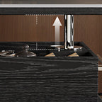 Table basse roulante noire avec plateau relevable et rangement pour salon
