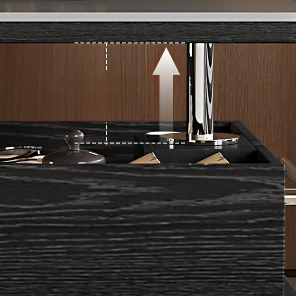 Table basse roulante noire avec plateau relevable et rangement pour salon