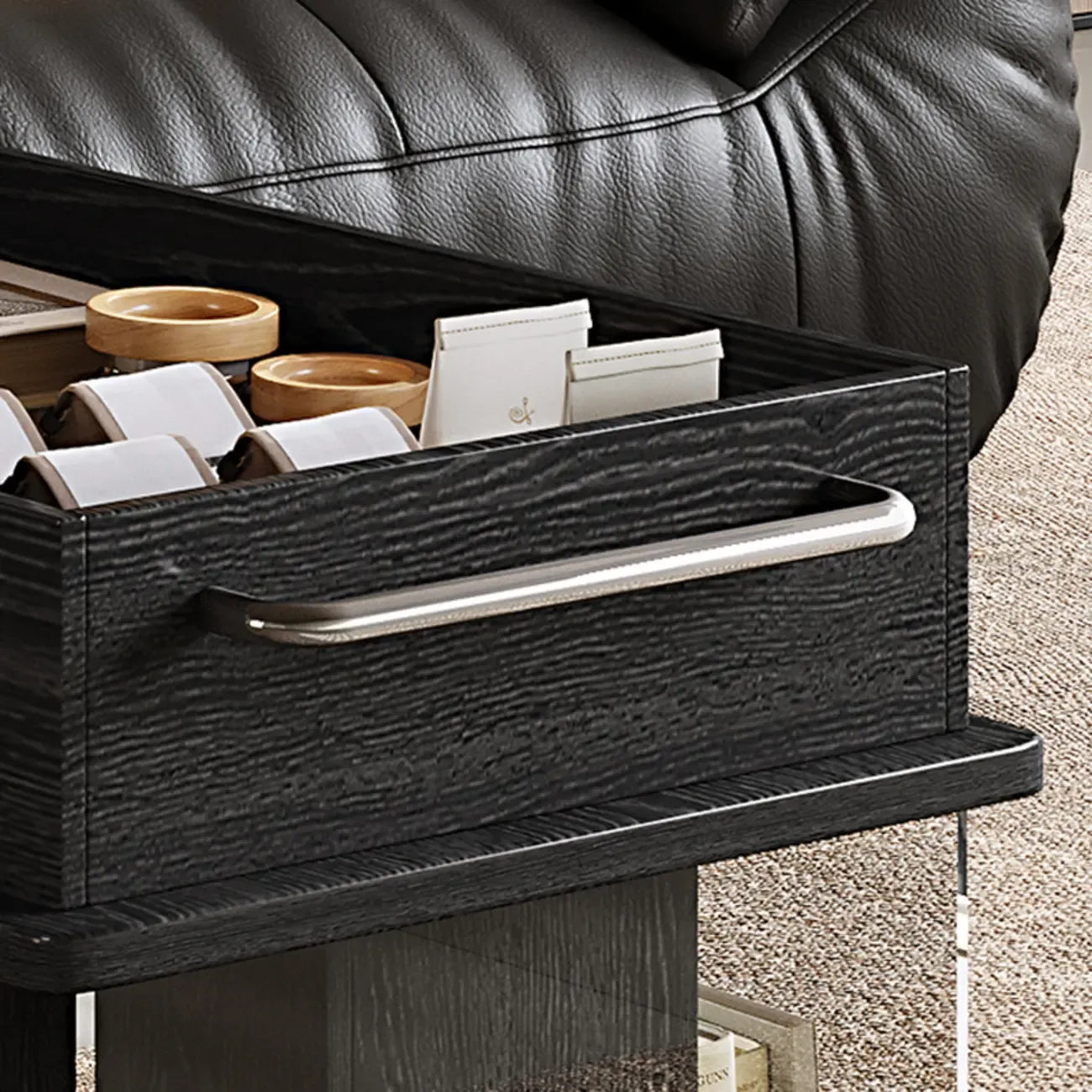 Table basse roulante noire avec plateau relevable et rangement pour salon