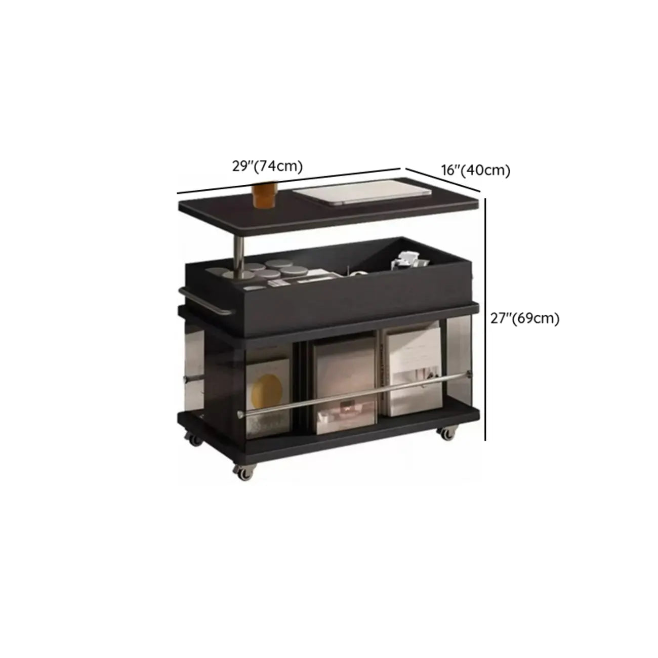Table basse roulante noire avec plateau relevable et rangement pour salon