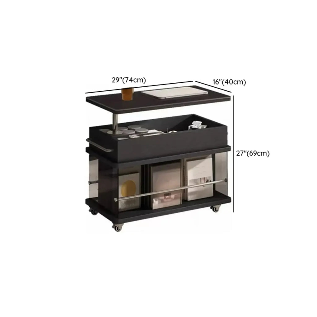 Table basse roulante noire avec plateau relevable et rangement pour salon