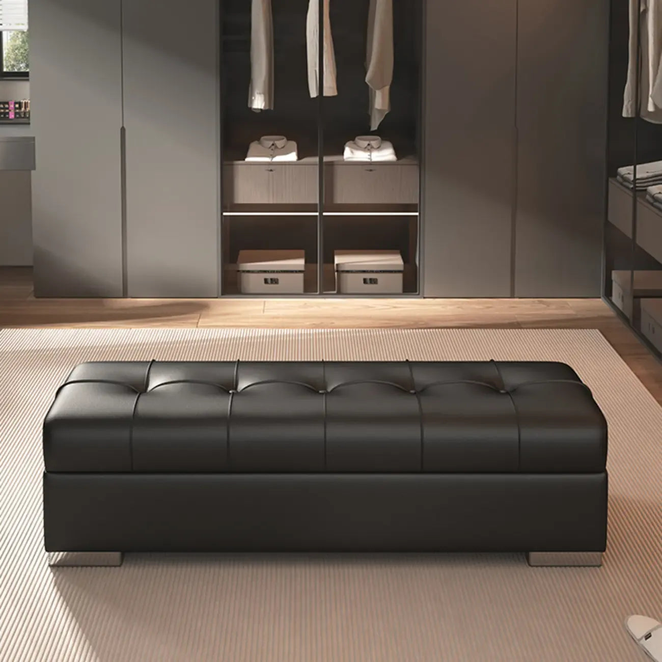Banc de chambre moderne en cuir rembourré avec rangement