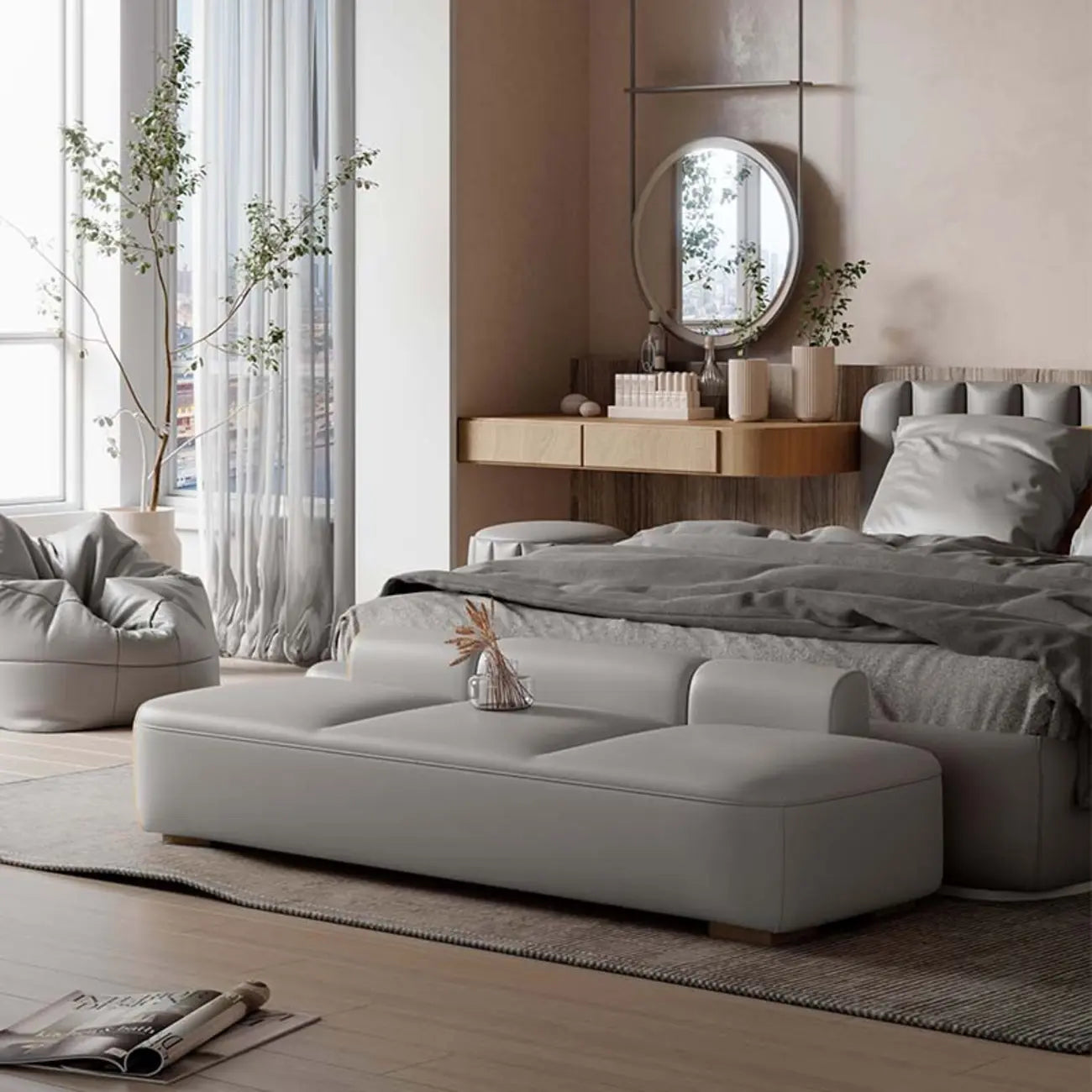 Banc de chambre long moderne capitonné en cuir