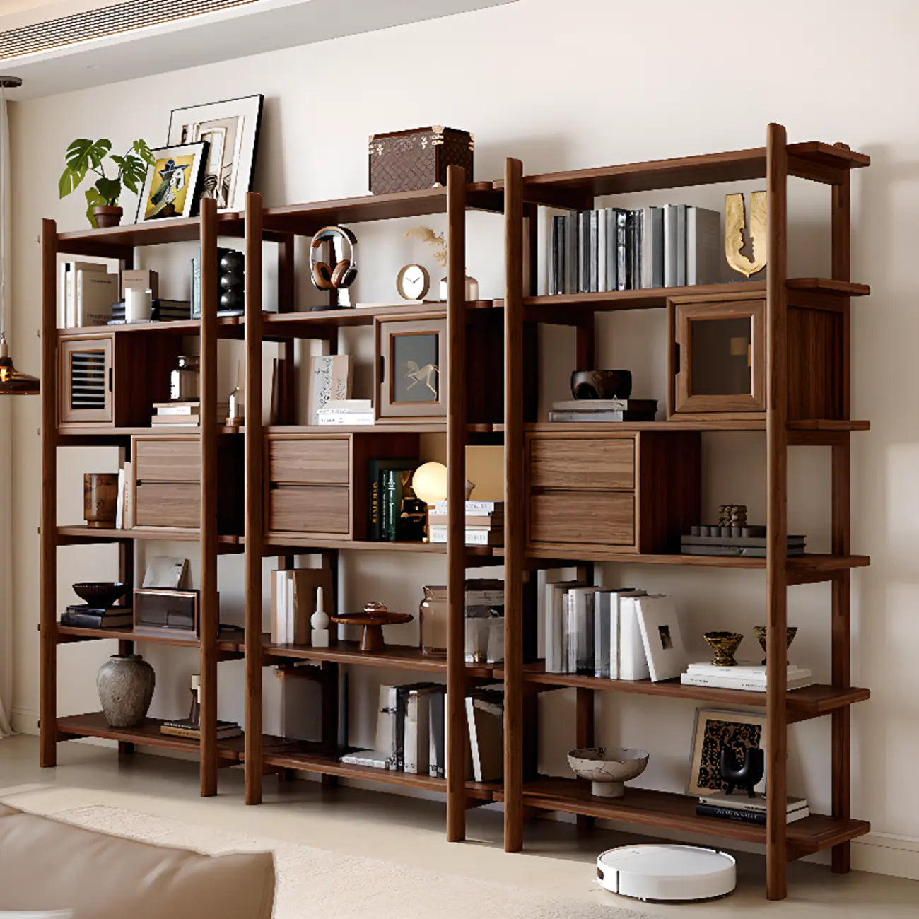 Bibliothèque verticale en bois de noyer noir à dos ouvert