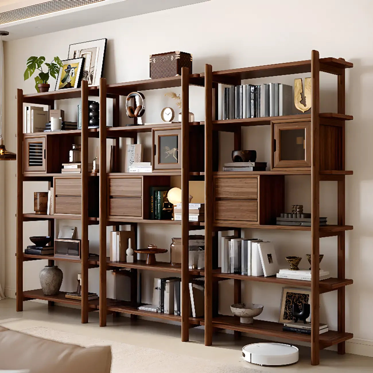 Bibliothèque verticale en bois de noyer noir à dos ouvert