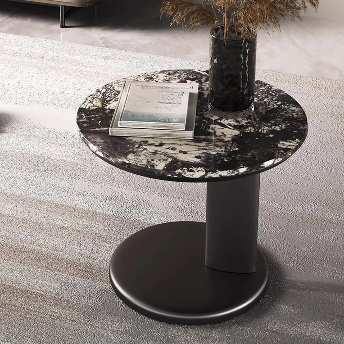 Table d'appoint ronde moderne noire en forme de C avec plateau en pierre
