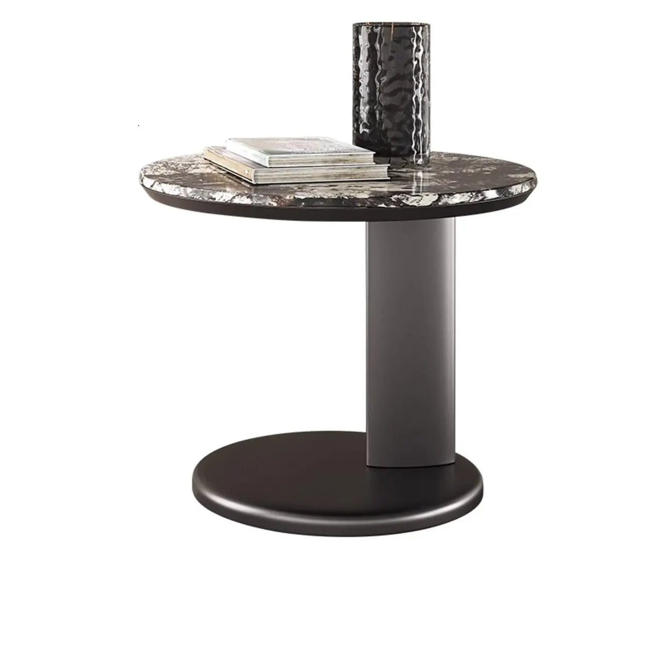 Table d'appoint ronde moderne noire en forme de C avec plateau en pierre