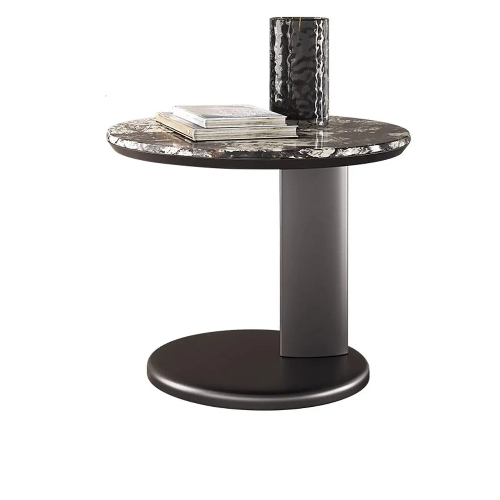 Table d'appoint ronde moderne noire en forme de C avec plateau en pierre