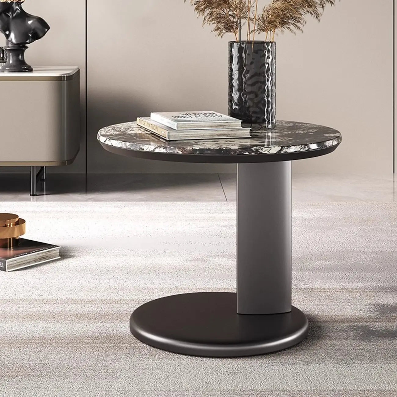 Table d'appoint ronde moderne noire en forme de C avec plateau en pierre