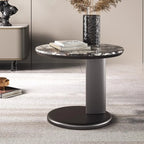 Table d'appoint ronde moderne noire en forme de C avec plateau en pierre