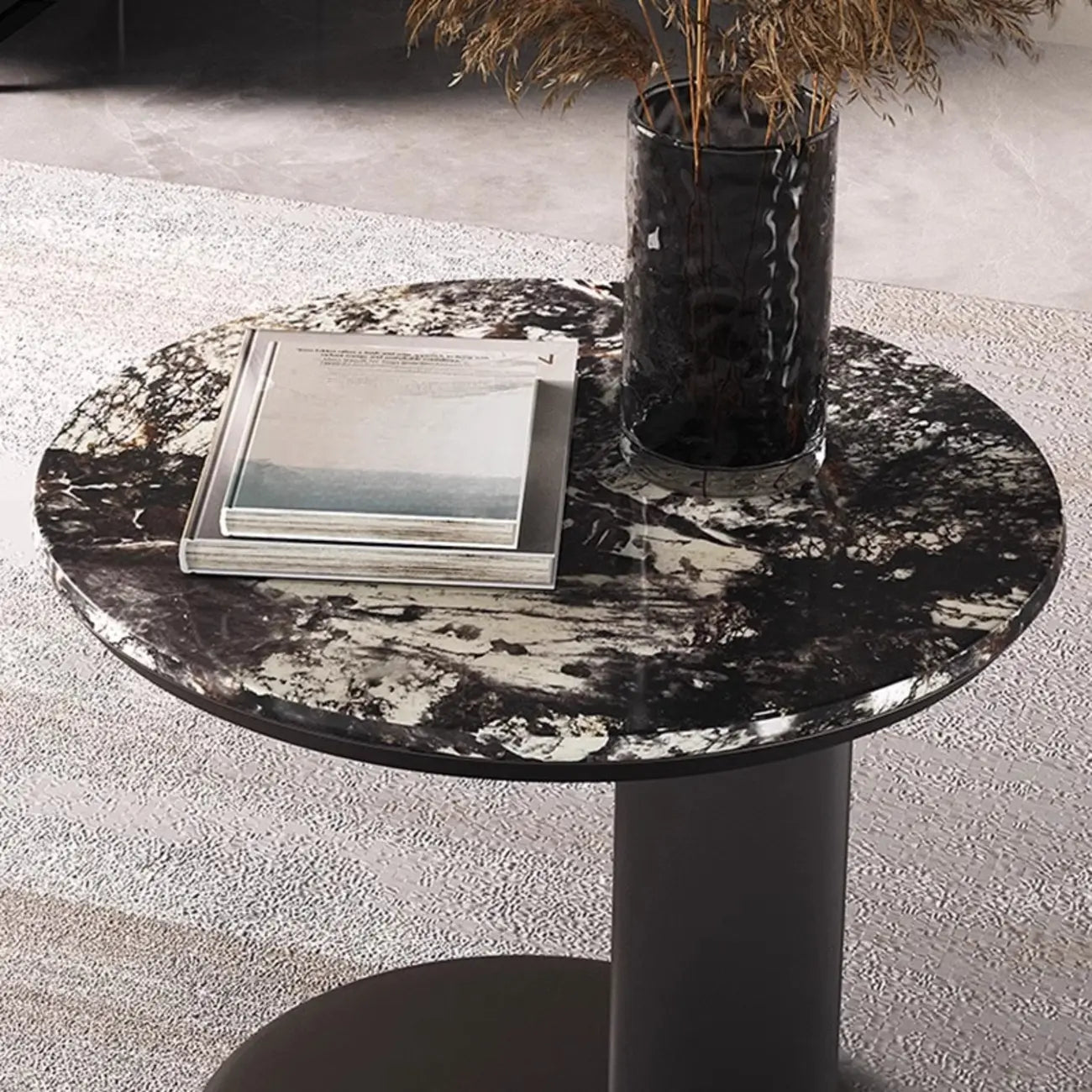 Table d'appoint ronde moderne noire en forme de C avec plateau en pierre