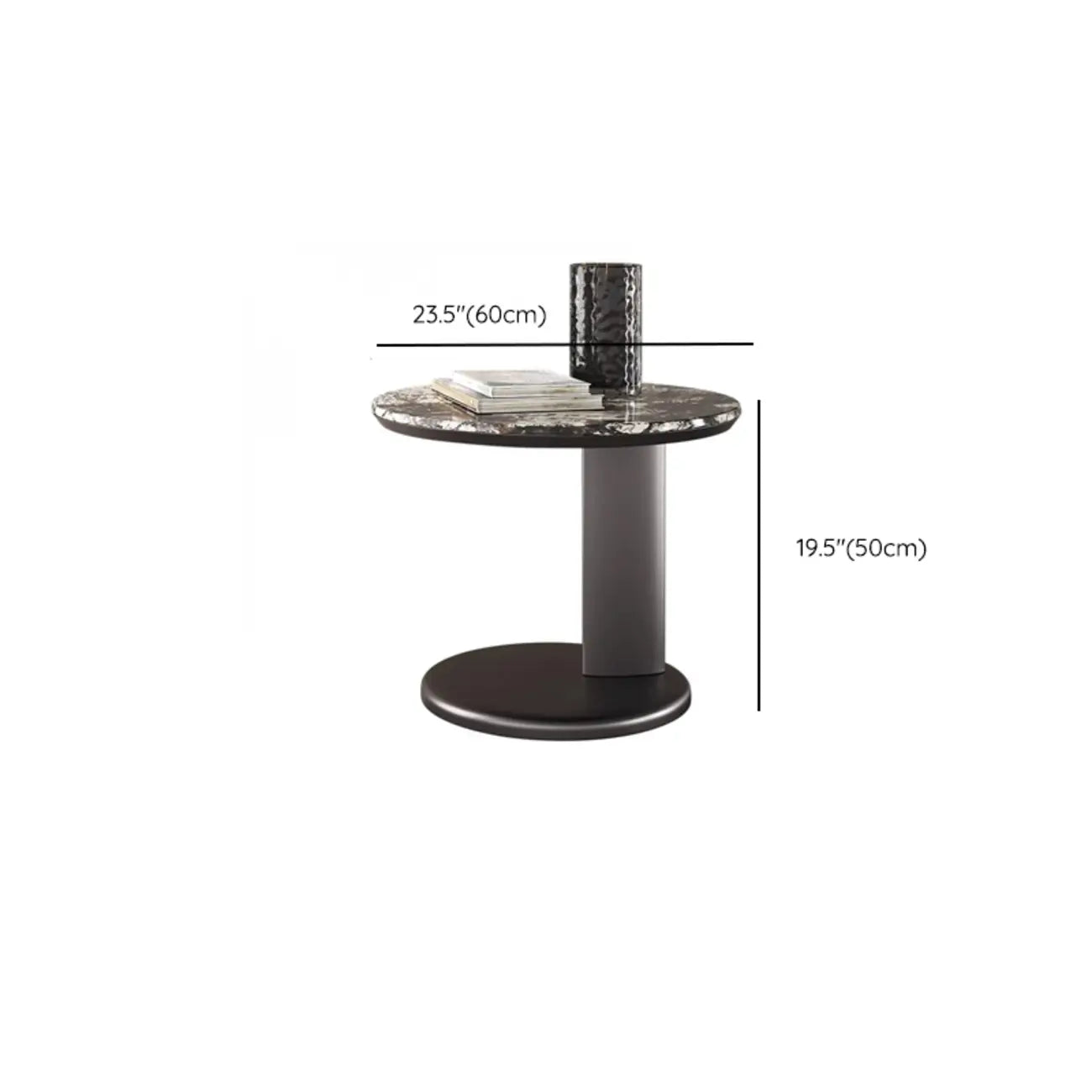 Table d'appoint ronde moderne noire en forme de C avec plateau en pierre