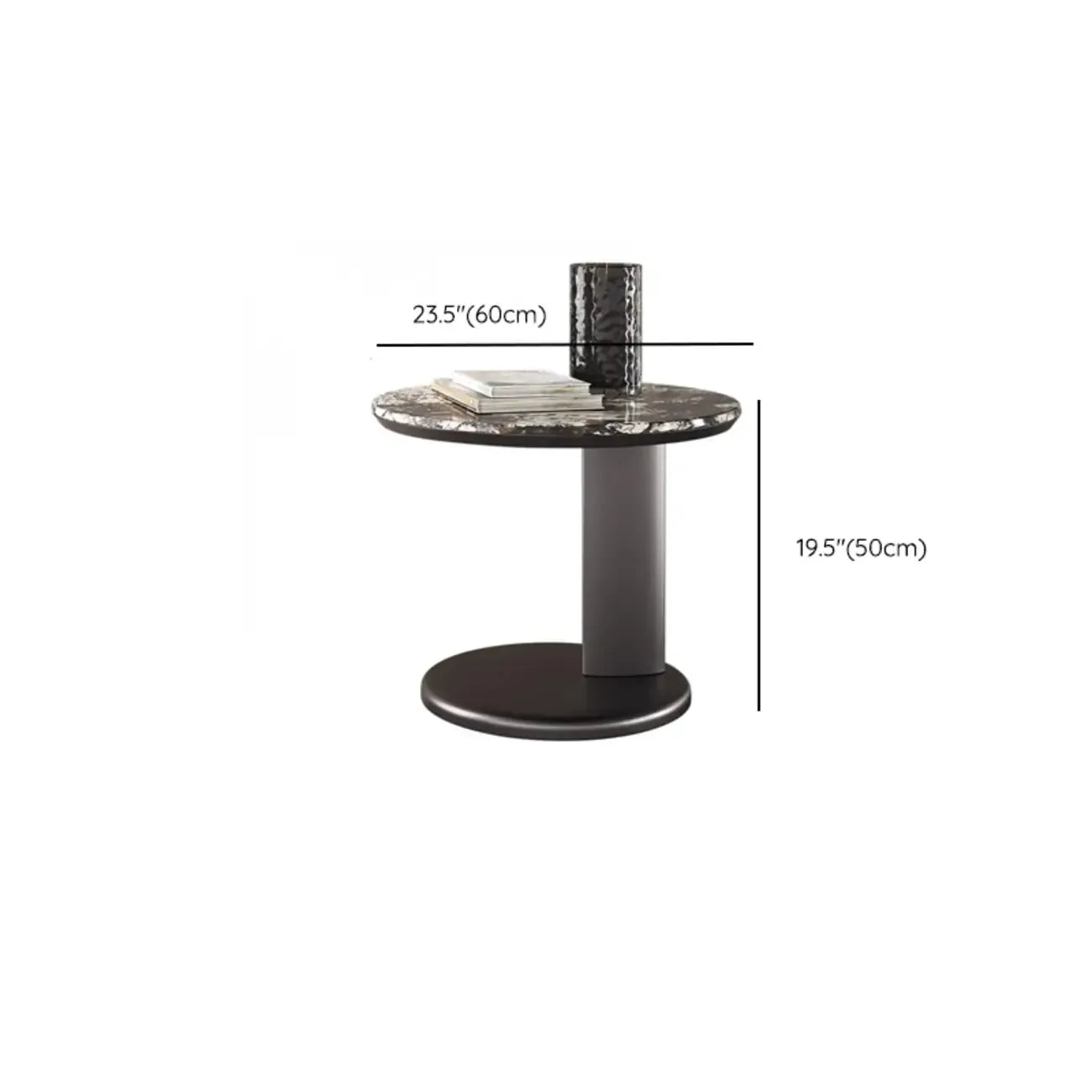 Table d'appoint ronde moderne noire en forme de C avec plateau en pierre