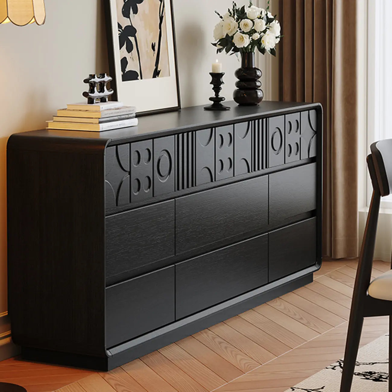 Comò in Legno Ispirato all'Art Déco con Intagli Geometrici