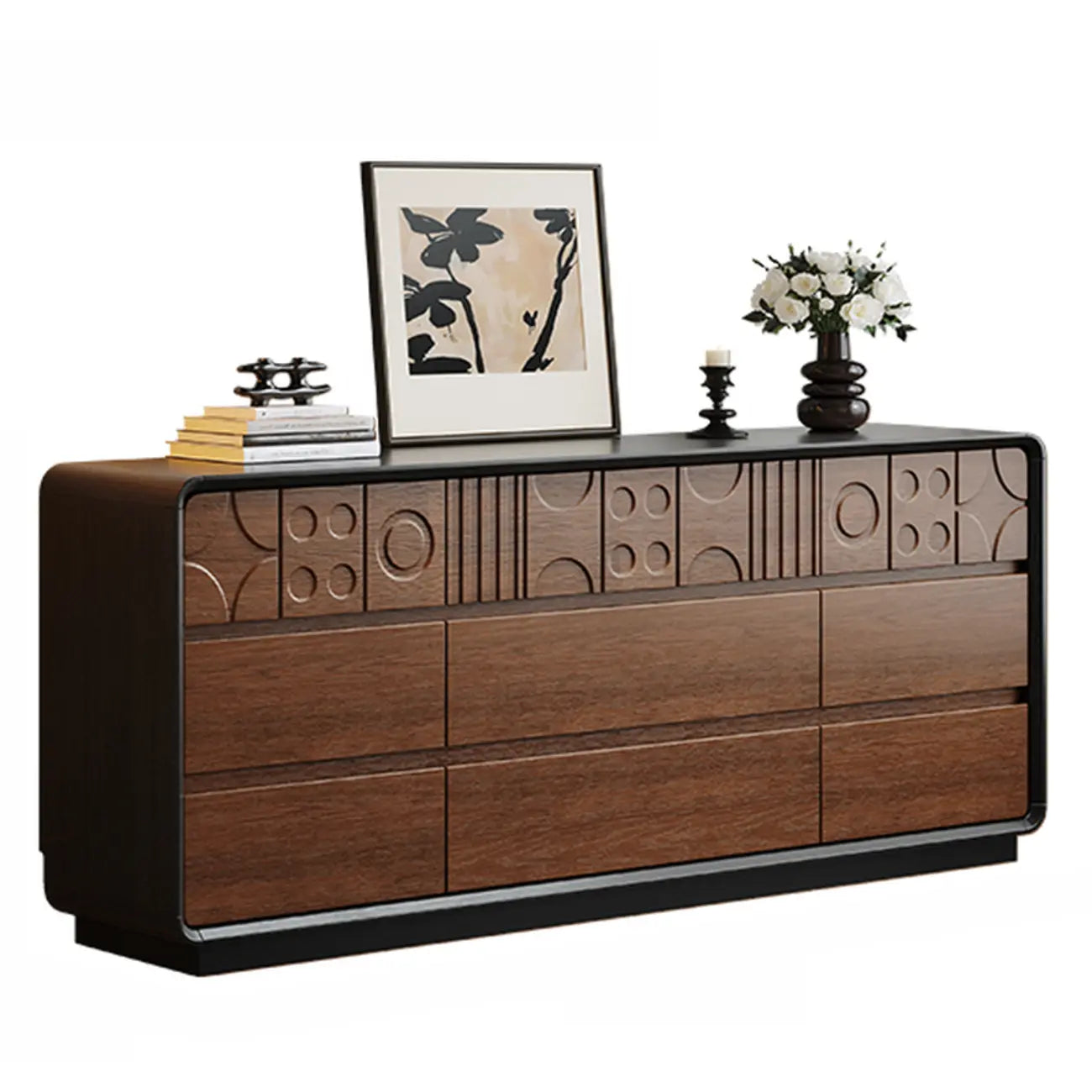 Comò in Legno Ispirato all'Art Déco con Intagli Geometrici
