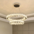 Lustre moderne en perles de verre circulaires dorées et cristal