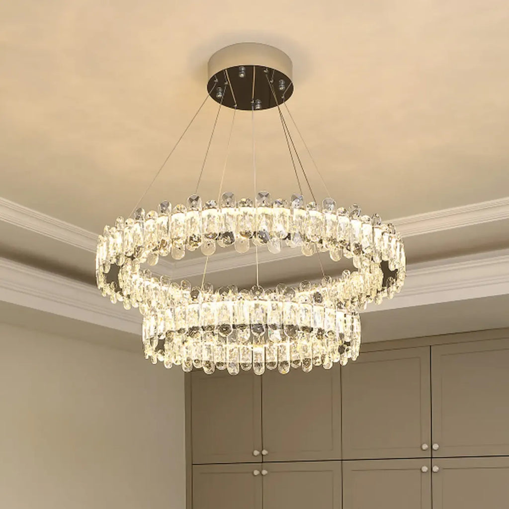 Lustre moderne en perles de verre circulaires dorées et cristal