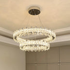 Lustre moderne en perles de verre circulaires dorées et cristal