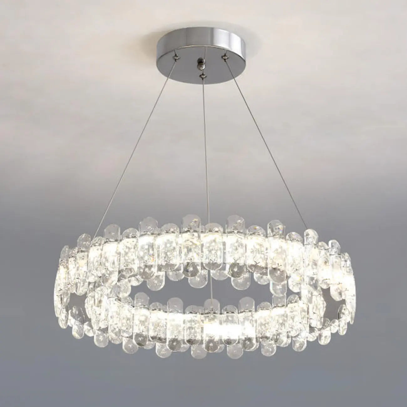 Lustre moderne en perles de verre circulaires dorées et cristal
