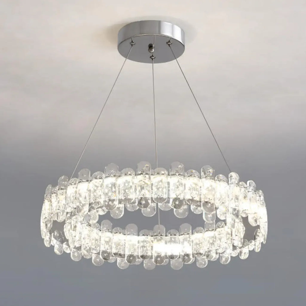 Lustre moderne en perles de verre circulaires dorées et cristal