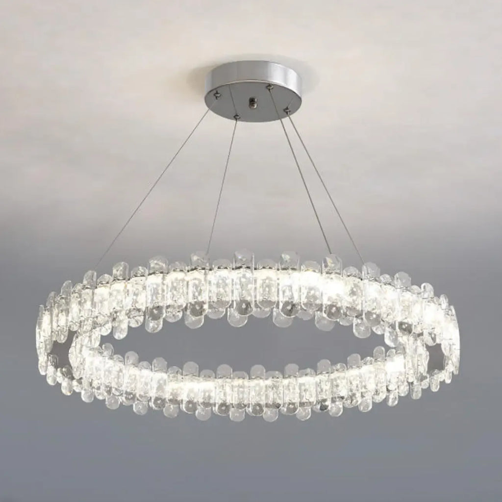 Lustre moderne en perles de verre circulaires dorées et cristal